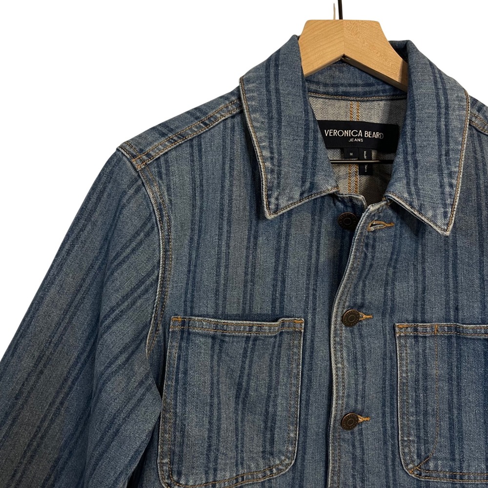 Veronica Beard Dahl Denim Jacket Size Medium Sapphire Stripe Chic Oversized Boxy - Picture 9 of 16